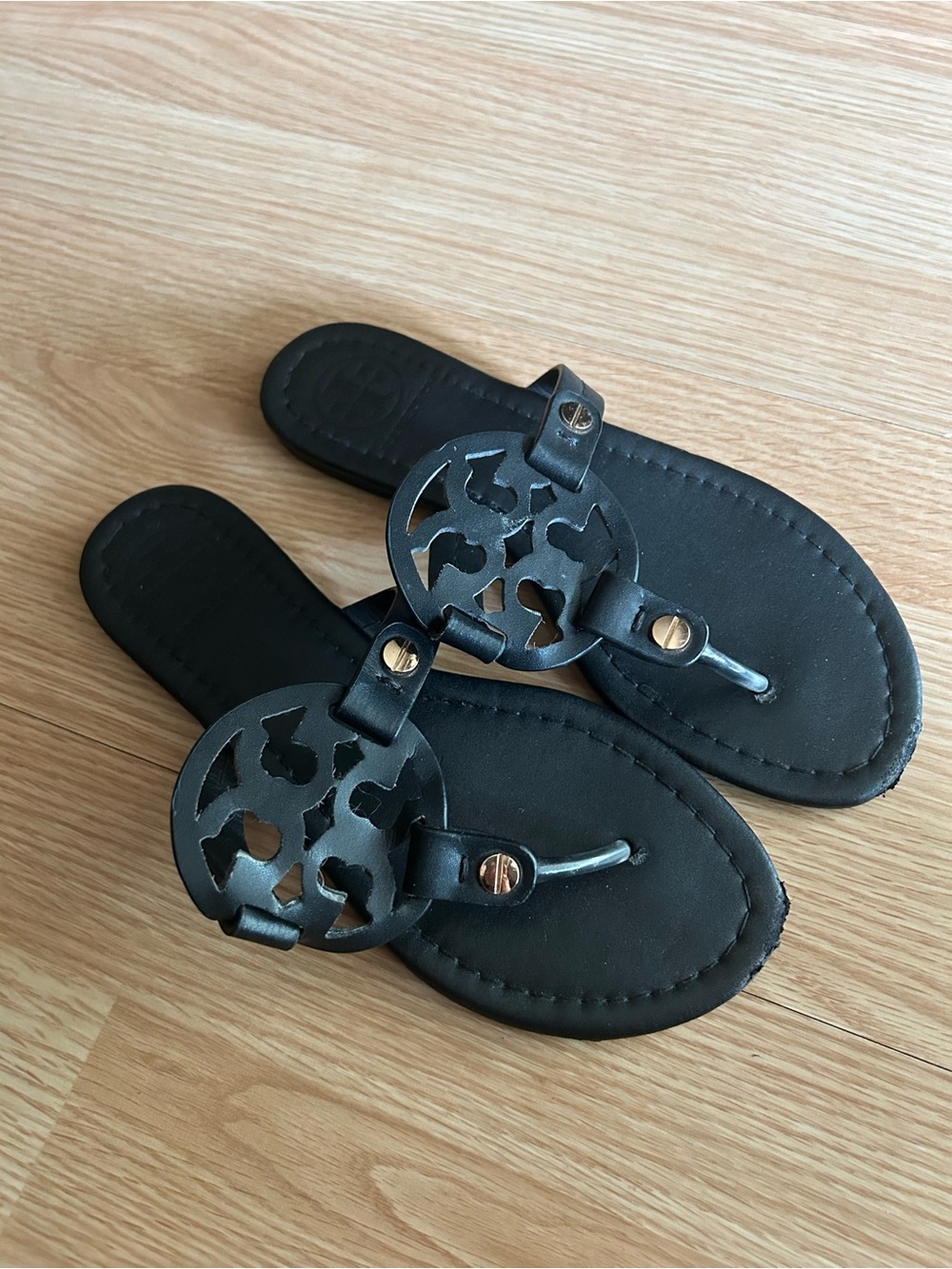 Tory Burch Black Miller Leather Logo Sandals Size 7